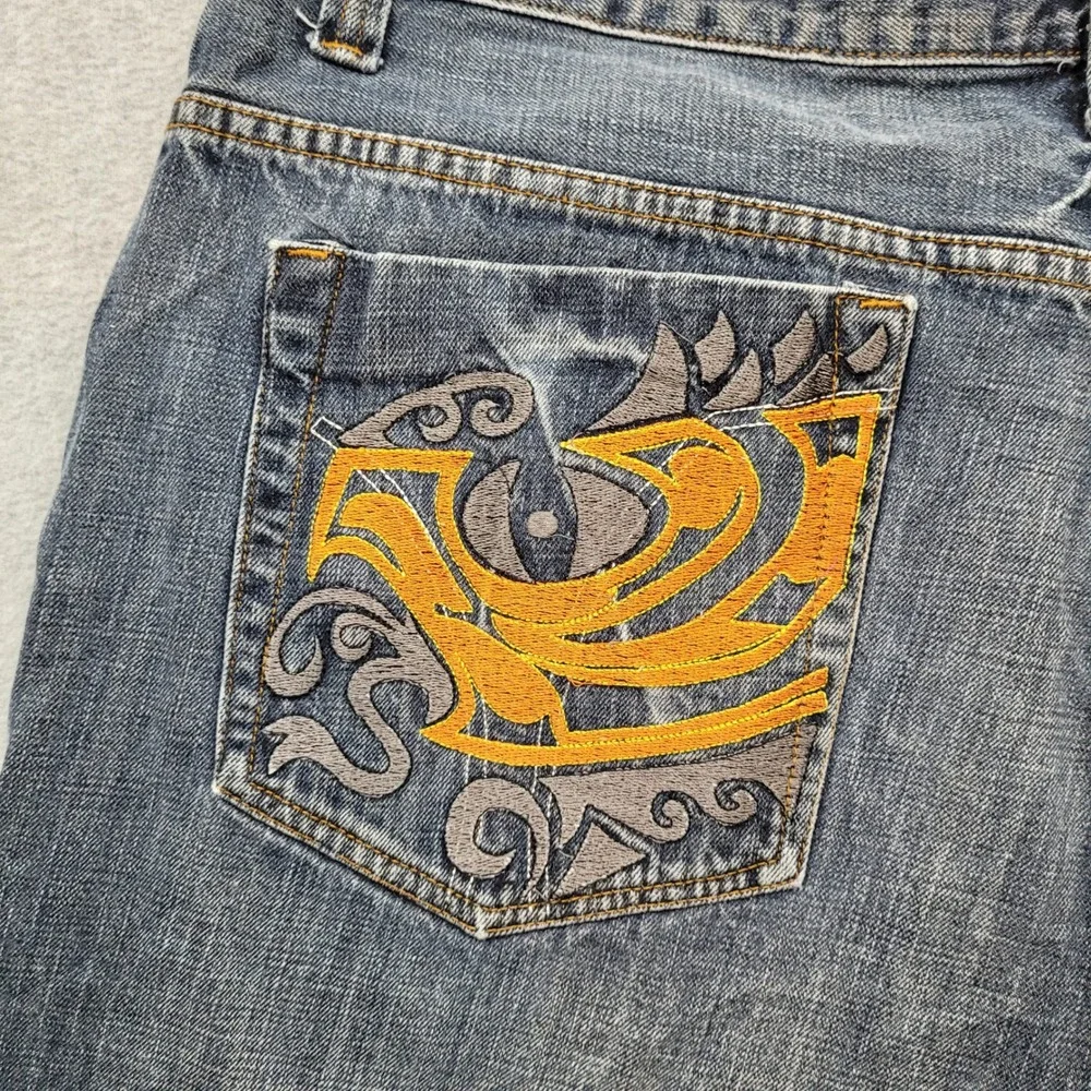 Y2K Jean Shorts Mens 42 Blue Embroidered Baggy Skater Hip Hop Denim